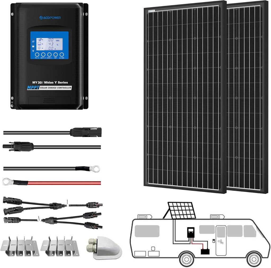 200 Watt Monocrystalline Solar Panel Kit with 20A PWM LCD Charge Controller C9514