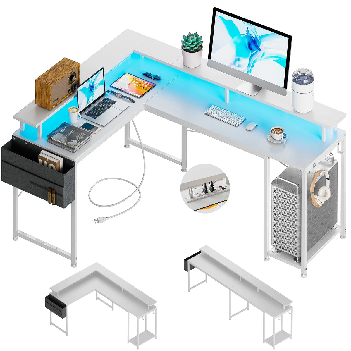95” L-Shaped Computer Desk with LED Light and Power Outlet, Black H332278