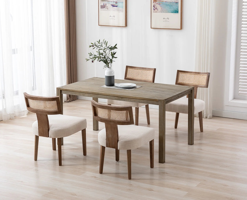 Beige Rattan Backrest Linen Upholstered Solid Wood Dining Chairs Set of 2 F5154