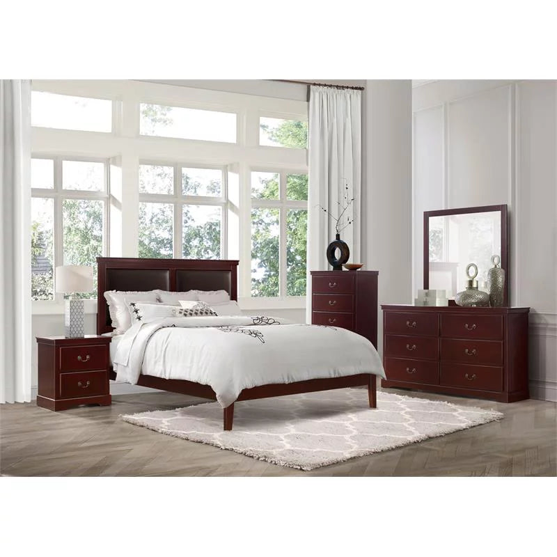 Cherry Wood and Faux Leather Full Bed X7044