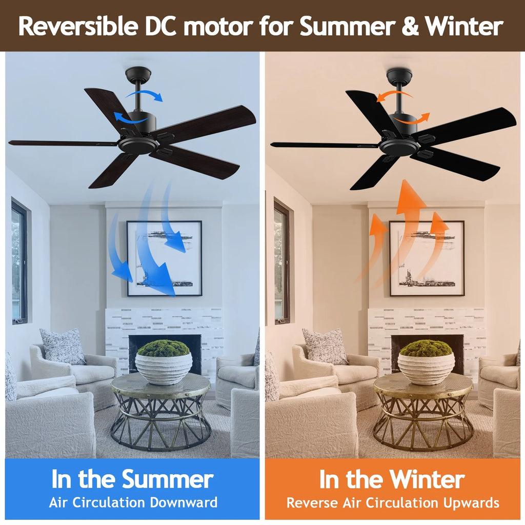 52" Ceiling Fan with Remote Control No Light, 6 Speeds Reversible DC Motor 5 Blades Black/Walnut B4284