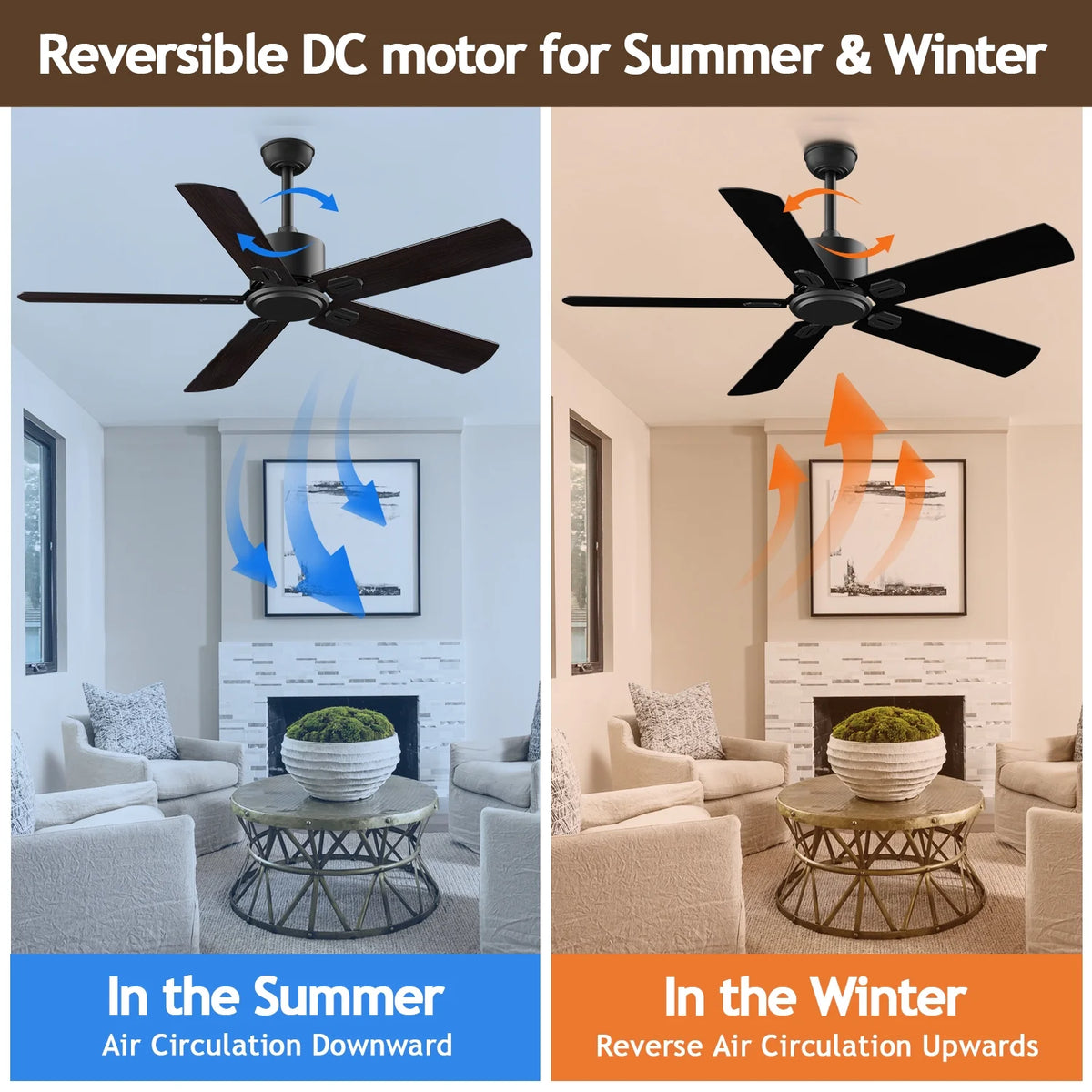 52" Ceiling Fan with Remote Control No Light, 6 Speeds Reversible DC Motor 5 Blades Black/Walnut B4284