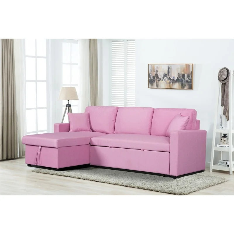 Pink Linen Reversible Sleeper Sectional Sofa with Storage Chaise Z465