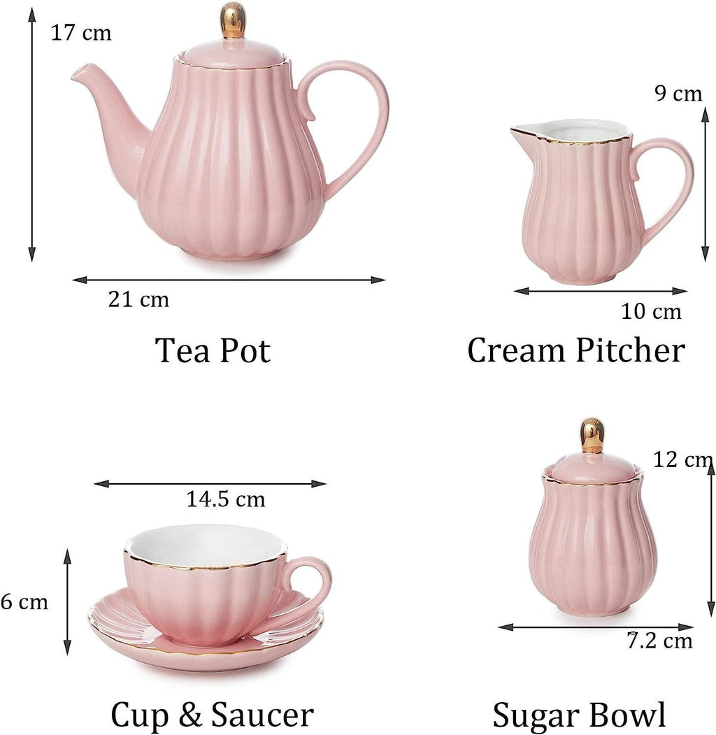 16-Piece Coffee Cup/Tea Cup Set with Teapot, Sugar Bowl, Cream Pitcher, 4 Cups and Saucers, 4 Teaspoons, Stand E8847