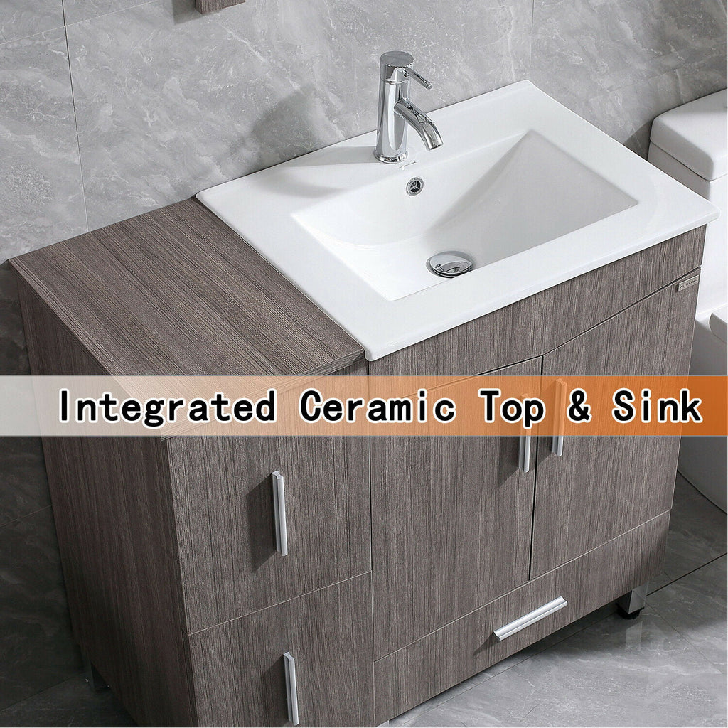 36" Light Brown Wood Bathroom Vanity with Ceramic Sink and Drawers P3750