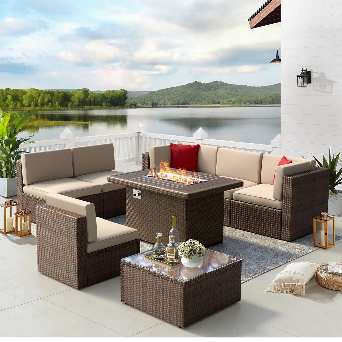 8 PCS Outdoor Patio Furniture Set with Fire Pit Table H405497