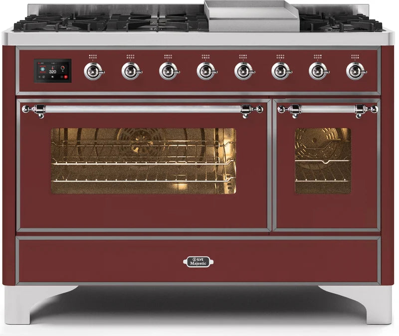 48 Dual Fuel Propane Gas Range in Burgundy with Chrome Trim O991