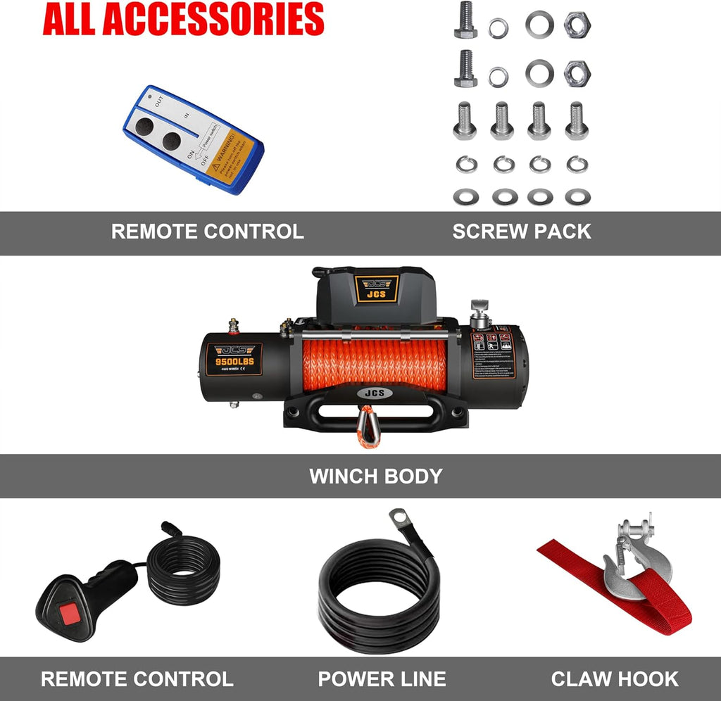 9500 lbs 12V Electric Winch Kit with Synthetic Rope, Waterproof Cover, Hawse Fairlead, Wireless and Corded Remote K948