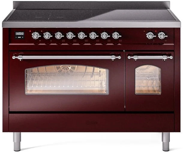 48 Induction Range with Electric Oven in Burgundy with Chrome Trim P144