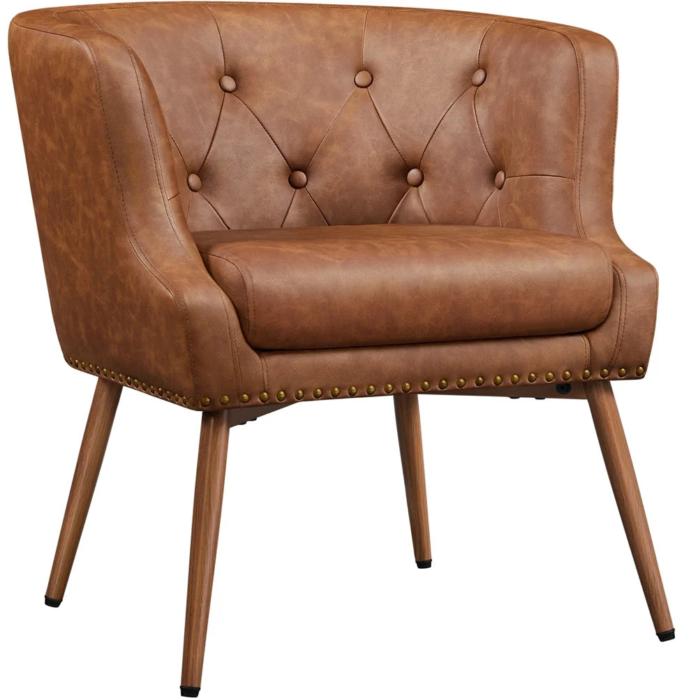 Brown Faux Leather Barrel Accent Chair with Metal Legs Y351