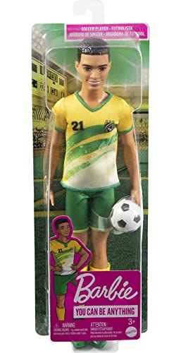 Ken Fashion Doll with Short Cropped Hair, Uniform, Tall Socks, Cleats & Ball F8363