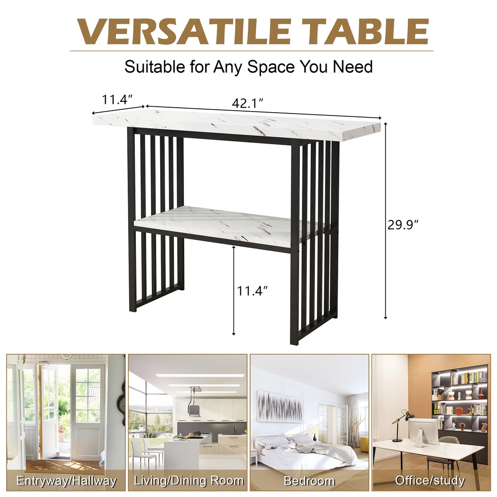 Black 42-Inch Narrow Console Table with Faux Marble Top and Metal Legs P59380