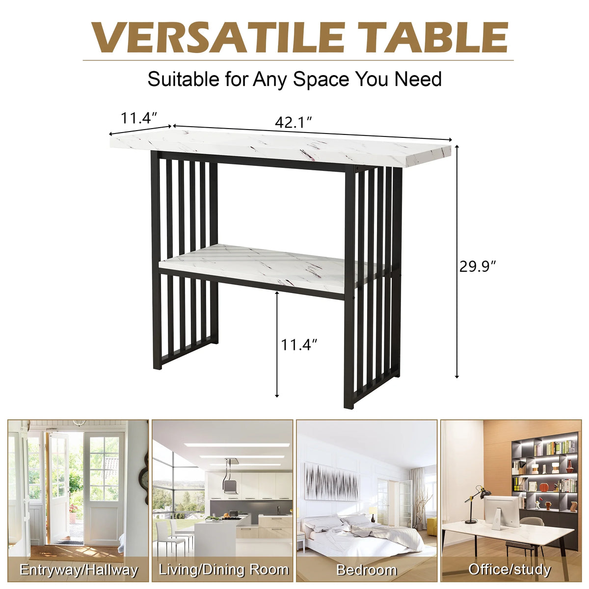 Black 42-Inch Narrow Console Table with Faux Marble Top and Metal Legs P59380