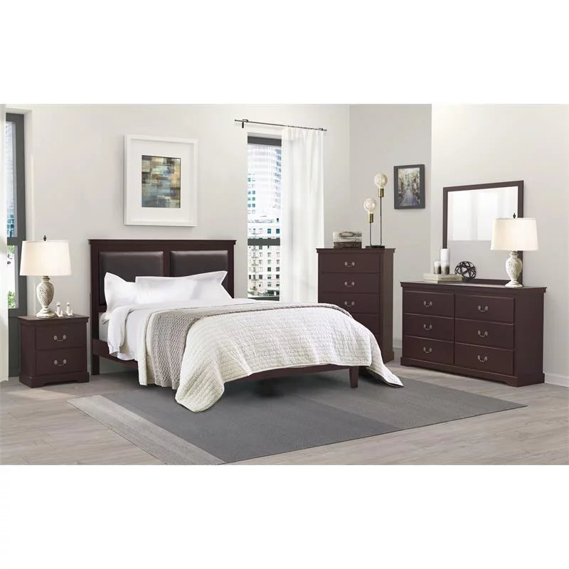 Cherry Wood and Faux Leather Full Bed X7044