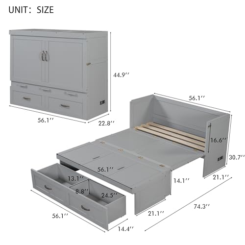 Full Size Murphy Bed Chest with USB Charging Station and Storage Drawer C4875