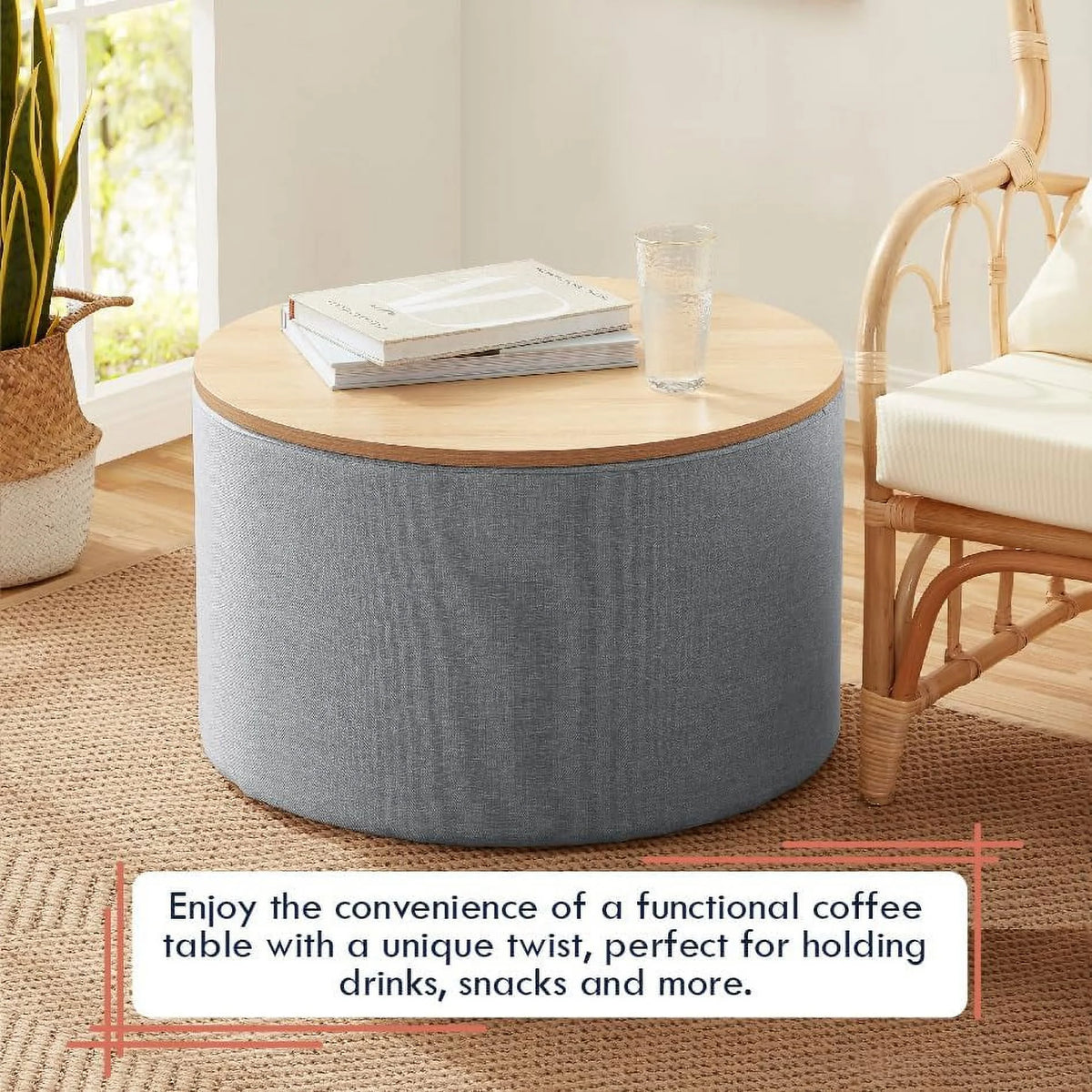Large Round Linen Beige Coffee Table Ottoman with Lift Off Lid I667382