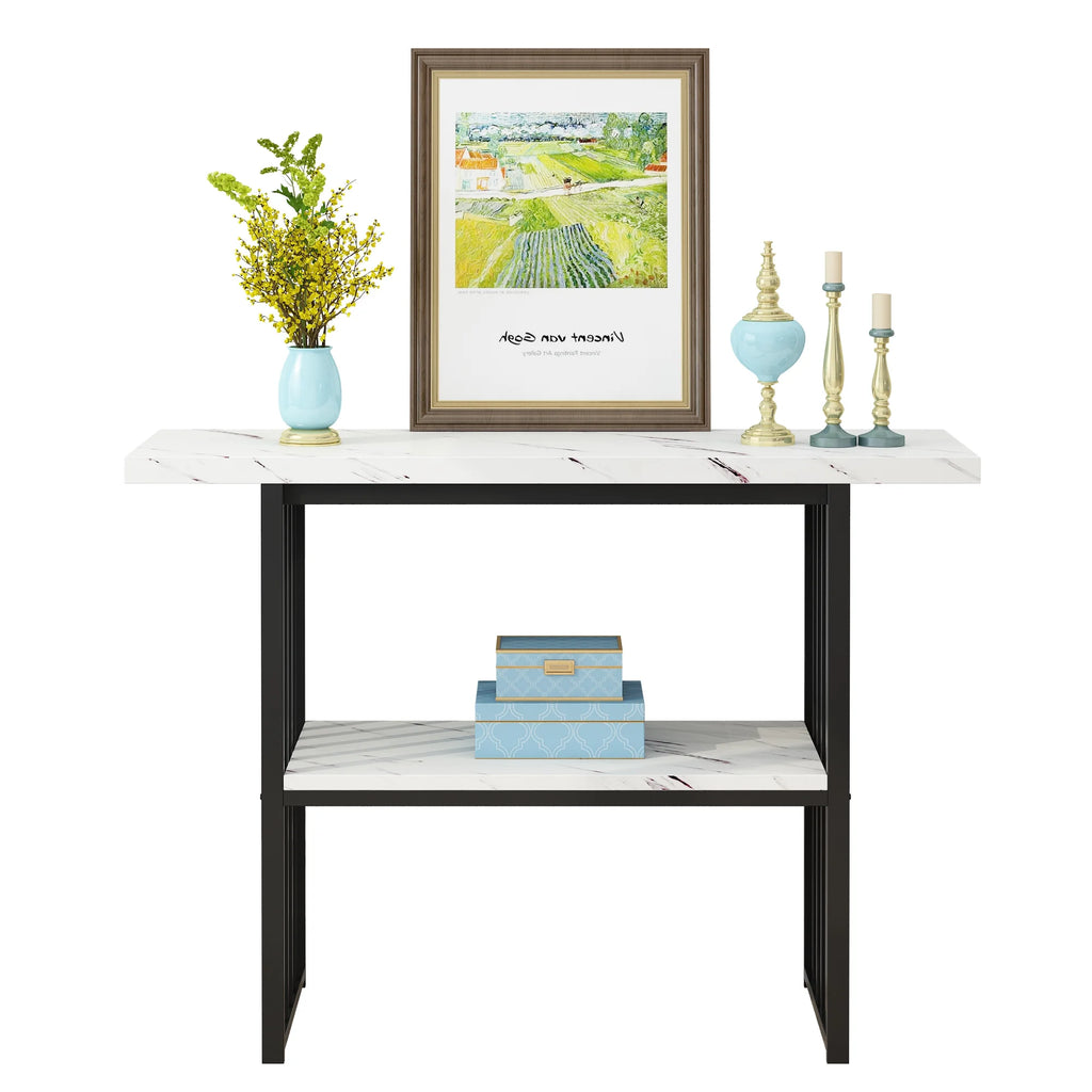 Black 42-Inch Narrow Console Table with Faux Marble Top and Metal Legs P59380