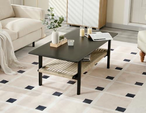Farmhouse 2-Tier Coffee Table with Rattan Storage Shelf Z876