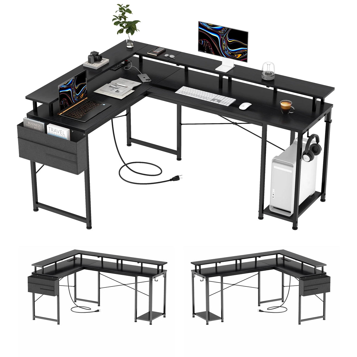 95” L-Shaped Computer Desk with LED Light and Power Outlet, Black H332278