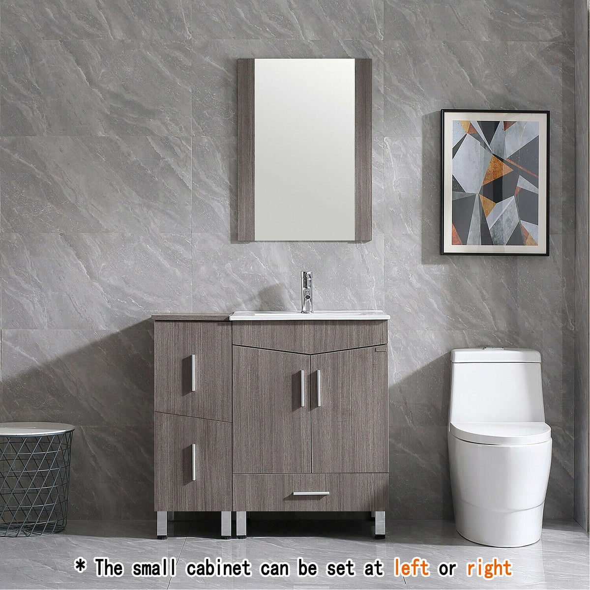 36" Light Brown Wood Bathroom Vanity with Ceramic Sink and Drawers P3750