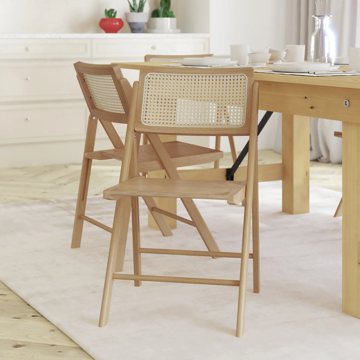Set of 2 Cane Rattan Folding Chairs with Solid Wood Frames B178