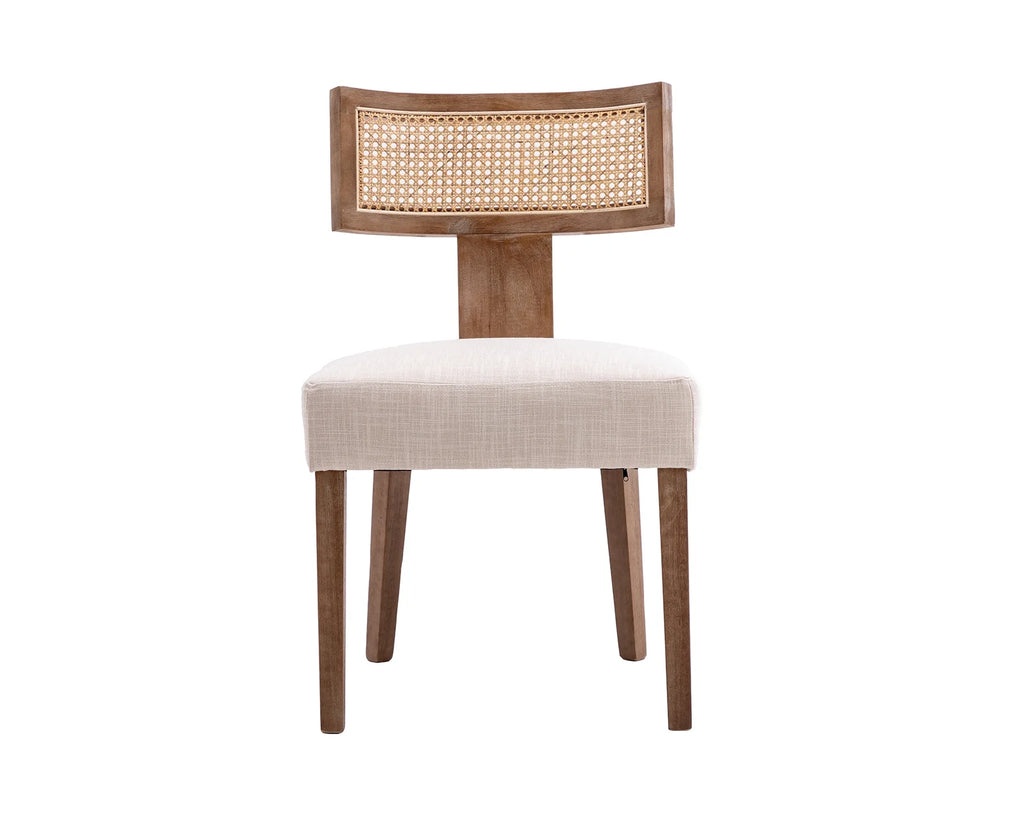Beige Rattan Backrest Linen Upholstered Solid Wood Dining Chairs Set of 2 F5154