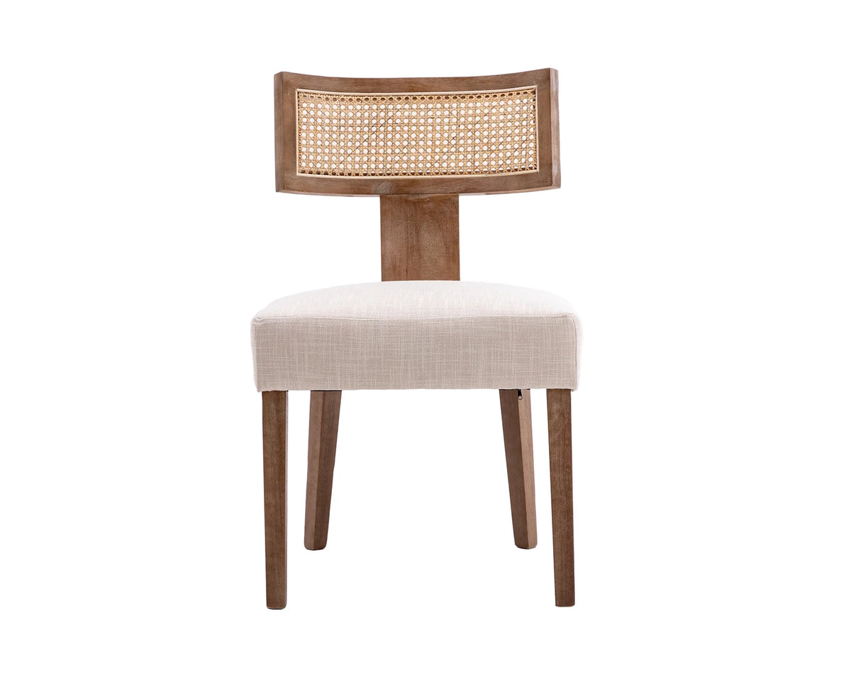 Beige Rattan Backrest Linen Upholstered Solid Wood Dining Chairs Set of 2 F5154