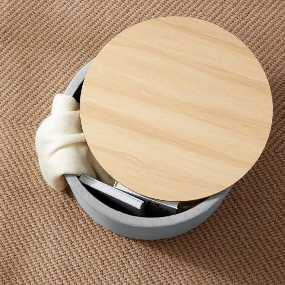 Large Round Linen Beige Coffee Table Ottoman with Lift Off Lid I667382