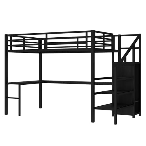Black Full Loft Bed with L-shaped Desk, USB, Wardrobe & Stairs F20984