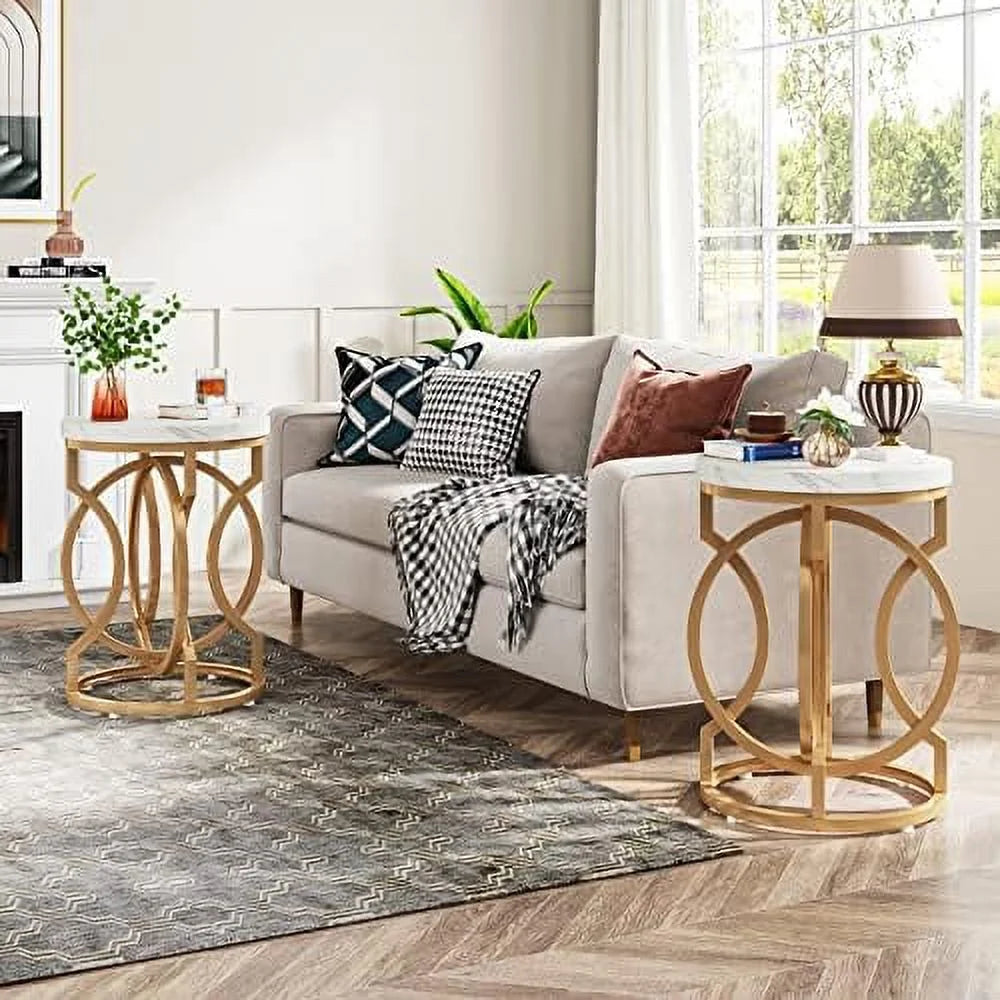 Round End Table Set of 2 White Gold Faux Marble Tabletop D516
