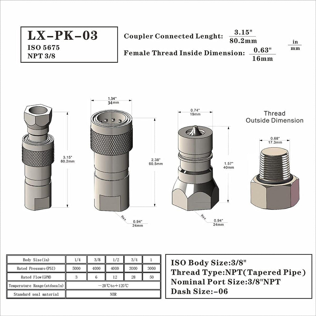 2-Sets 1/4'' Ag ISO5675 Carbon Steel Hydraulic Quick Disconnect Coupling with Dust Cap A69836