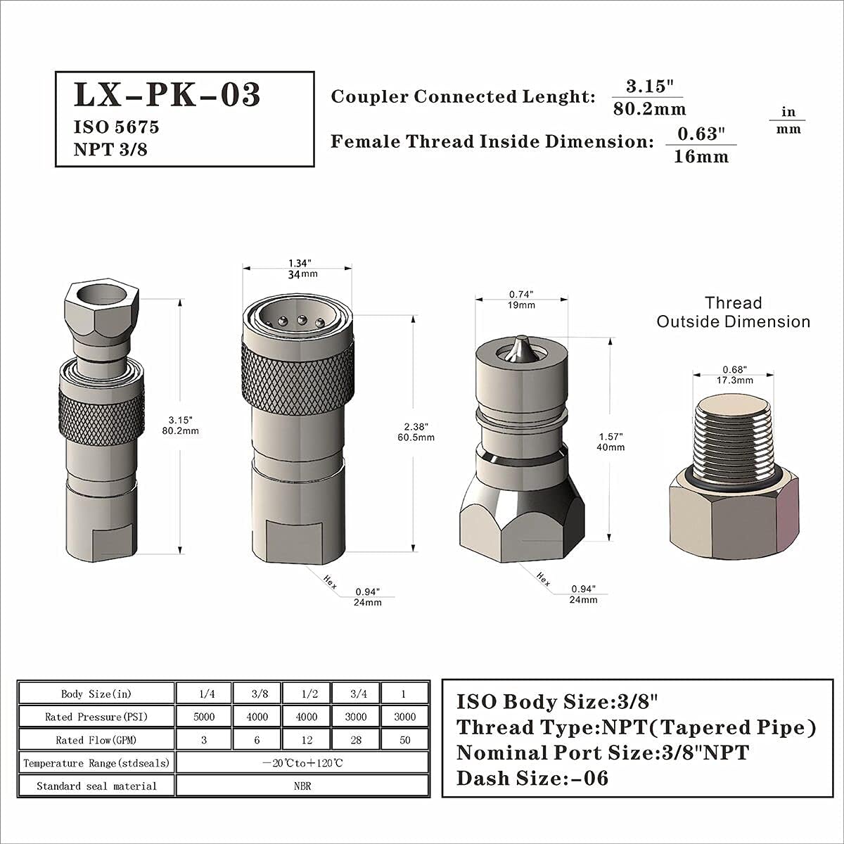 2-Sets 1/4'' Ag ISO5675 Carbon Steel Hydraulic Quick Disconnect Coupling with Dust Cap A69836
