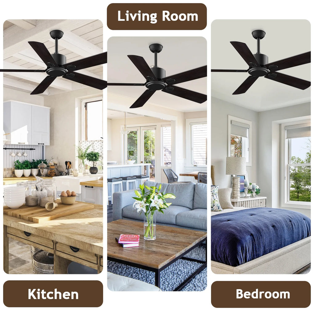 52" Ceiling Fan with Remote Control No Light, 6 Speeds Reversible DC Motor 5 Blades Black/Walnut B4284