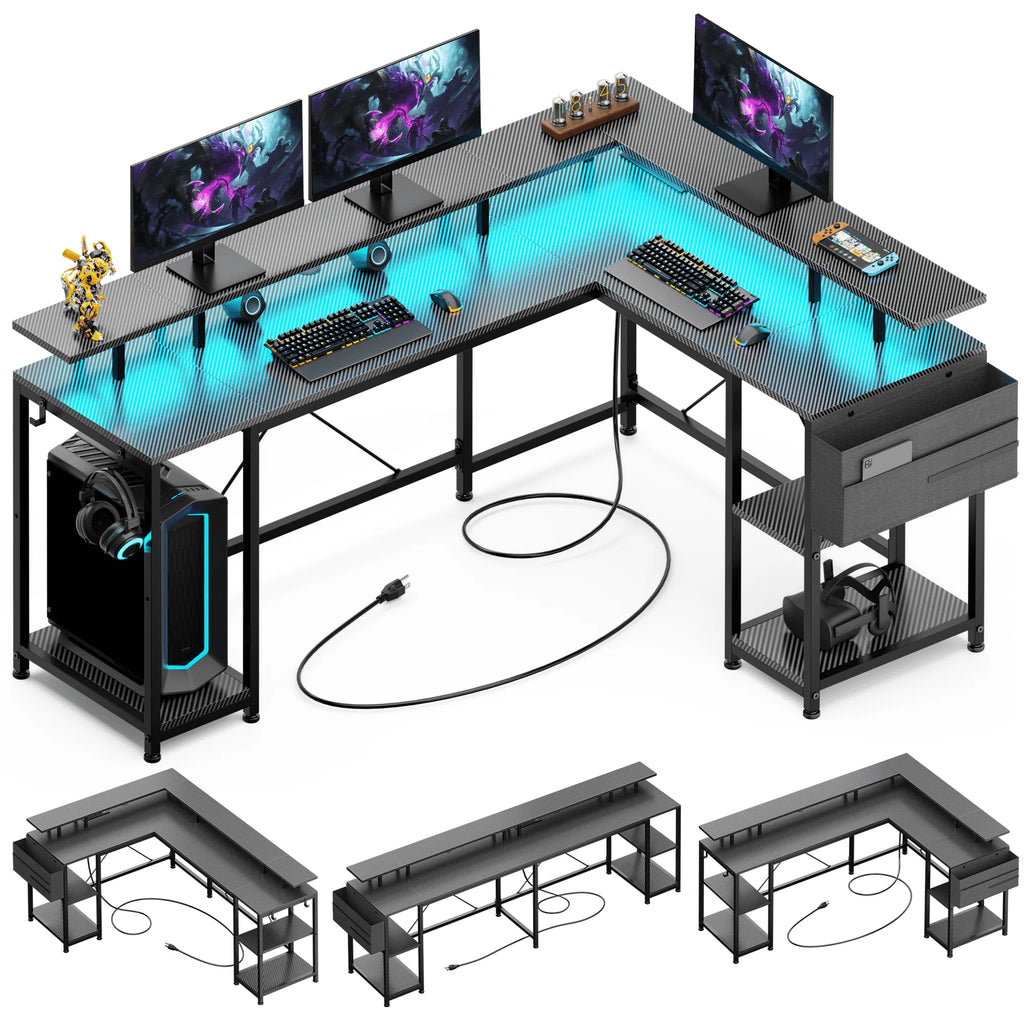 95” L-Shaped Computer Desk with LED Light and Power Outlet, Black H332278