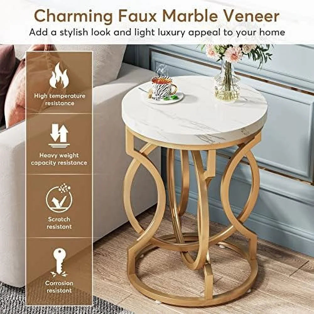 Round End Table Set of 2 White Gold Faux Marble Tabletop D516