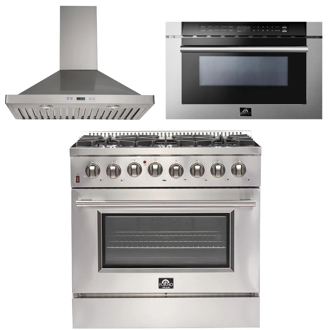 36 Inch Dual Fuel Range, Wall Mount Range Hood, Microwave Drawer G6535