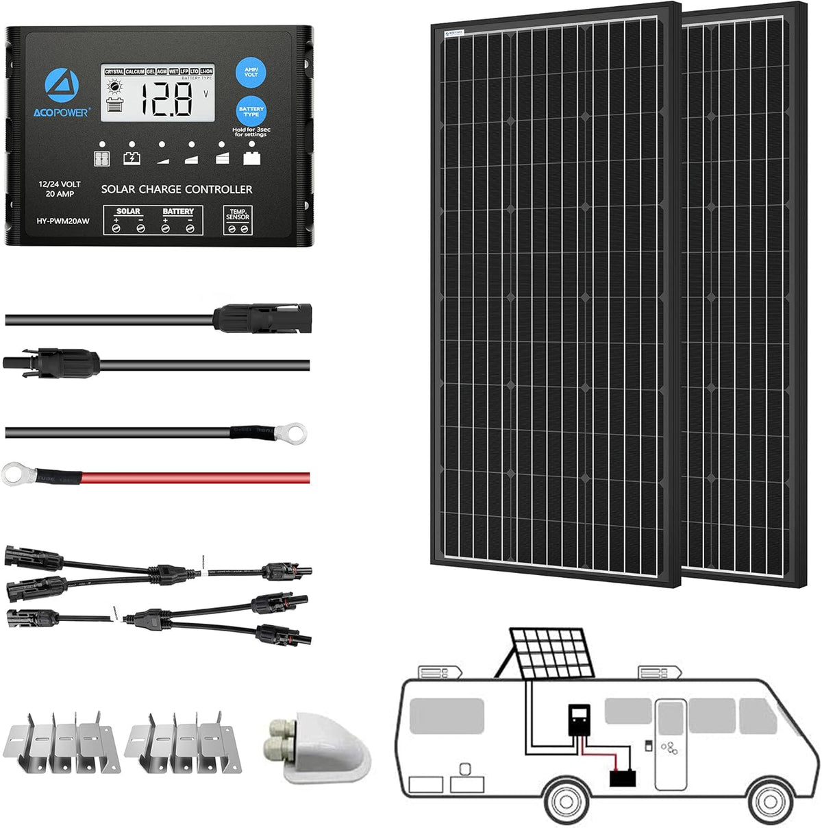 200 Watt Monocrystalline Solar Panel Kit with 20A PWM LCD Charge Controller C9514
