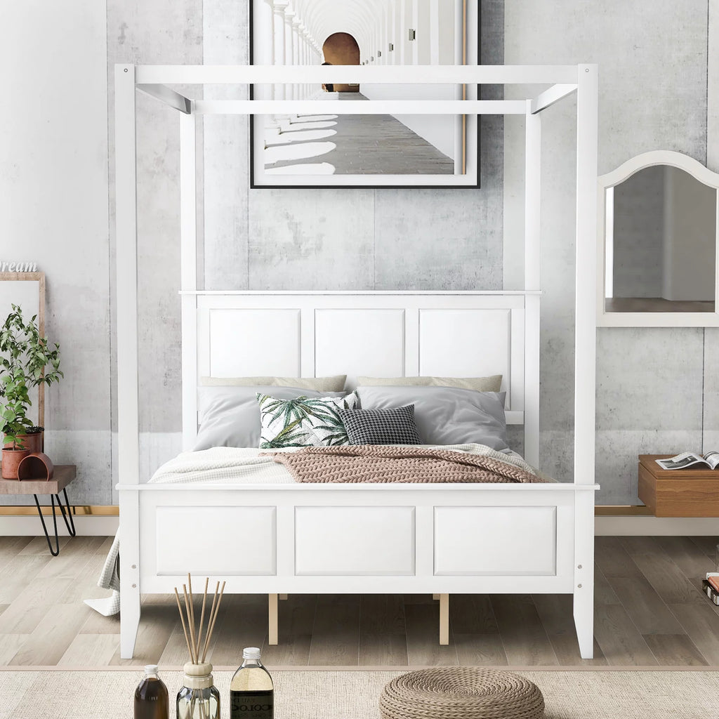 White Wood Queen Size Canopy Platform Bed B7285