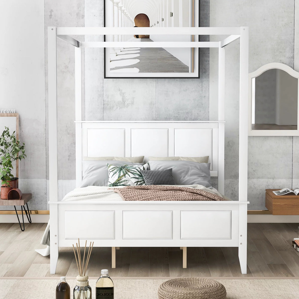 White Wood Queen Size Canopy Platform Bed B7285