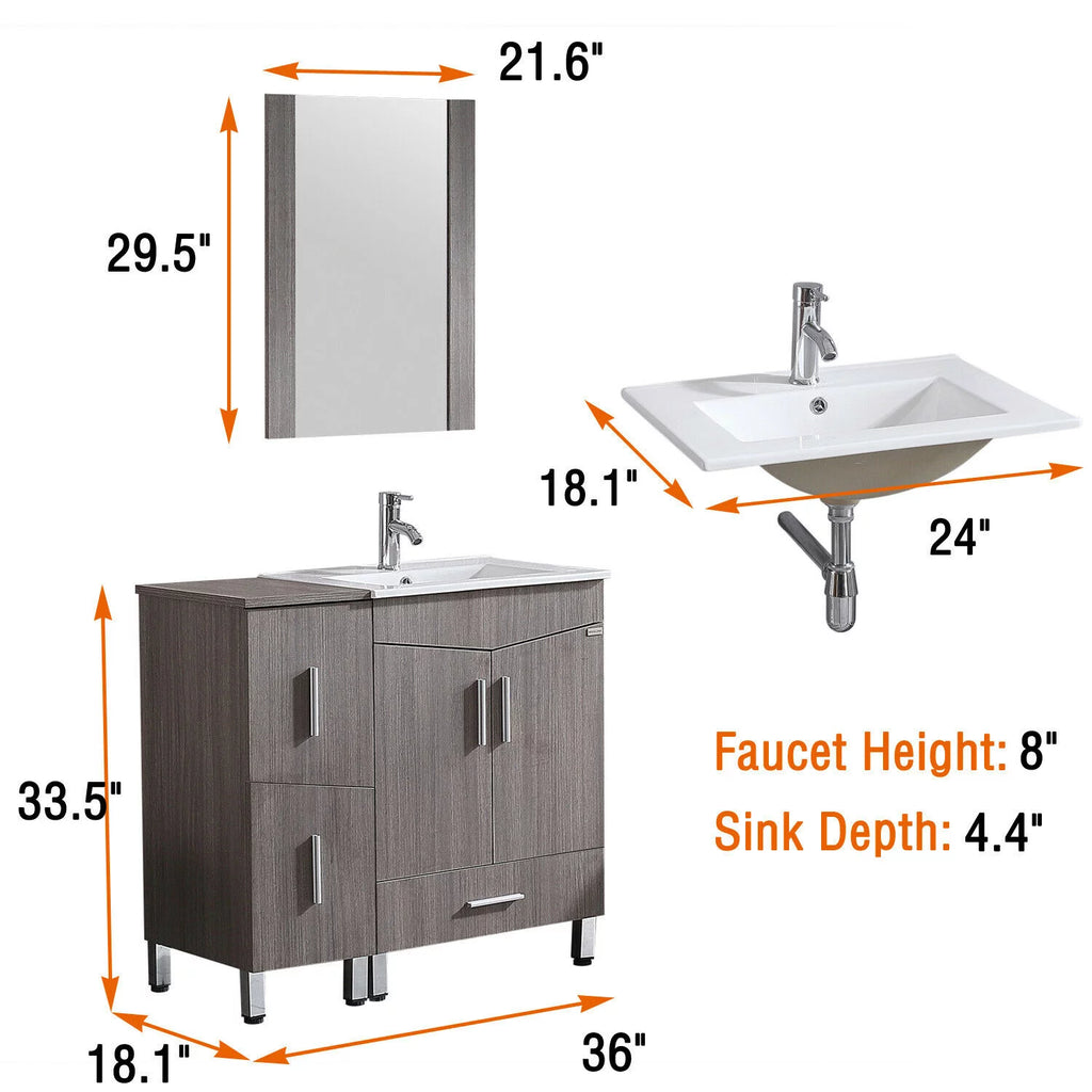 36" Light Brown Wood Bathroom Vanity with Ceramic Sink and Drawers P3750