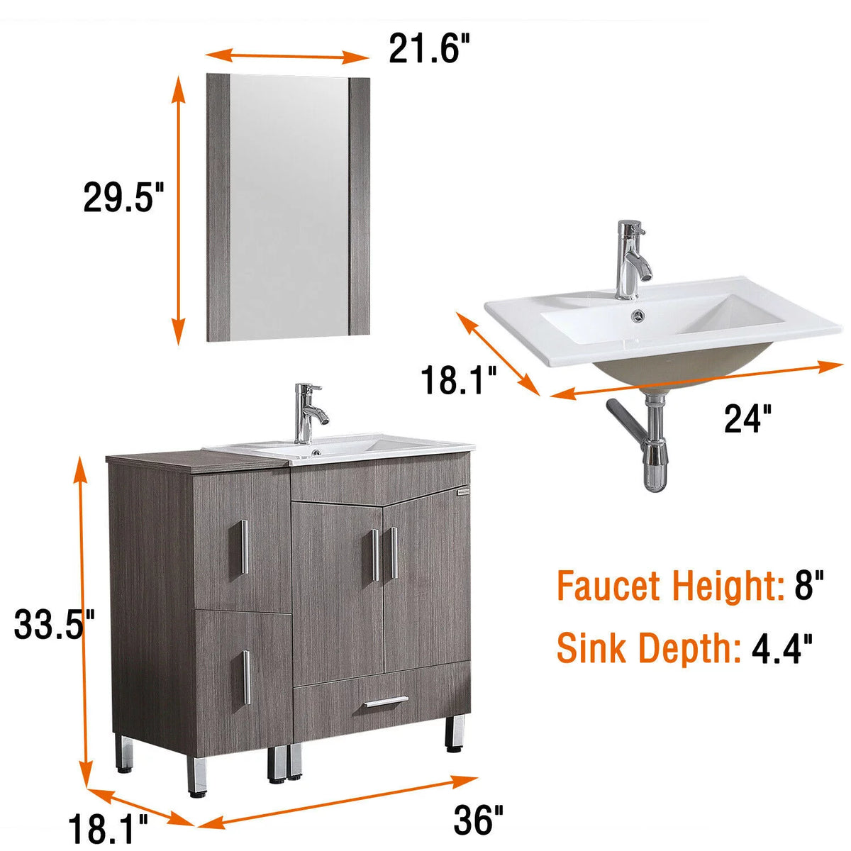 36" Light Brown Wood Bathroom Vanity with Ceramic Sink and Drawers P3750