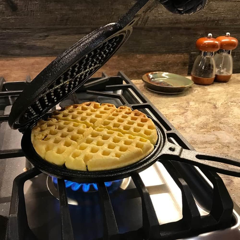 Cast Iron Waffle Maker, Two Piece Hinged Non-Electric Waffle Iron P298