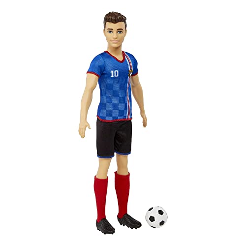 Ken Fashion Doll with Short Cropped Hair, Uniform, Tall Socks, Cleats & Ball F8363