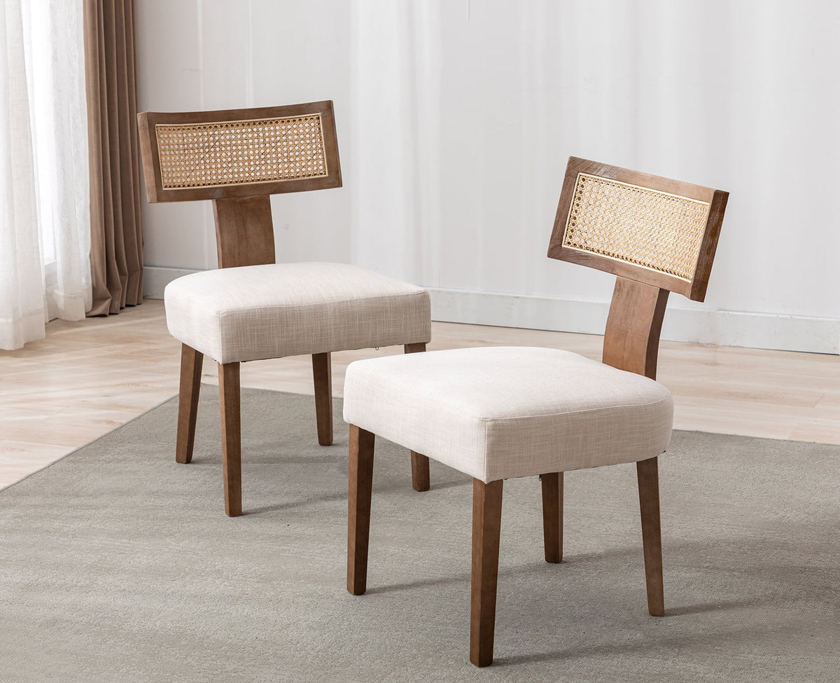 Beige Rattan Backrest Linen Upholstered Solid Wood Dining Chairs Set of 2 F5154
