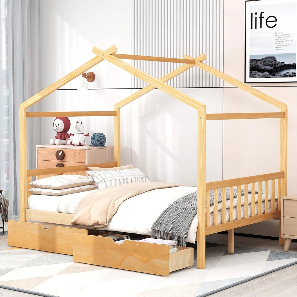 Full Size Solid Wood Platform Bed Frame with 2 Storage Drawers I6497