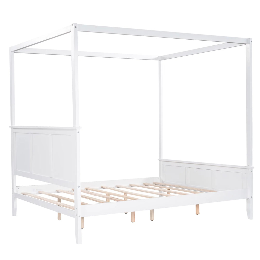 White Wood Queen Size Canopy Platform Bed B7285