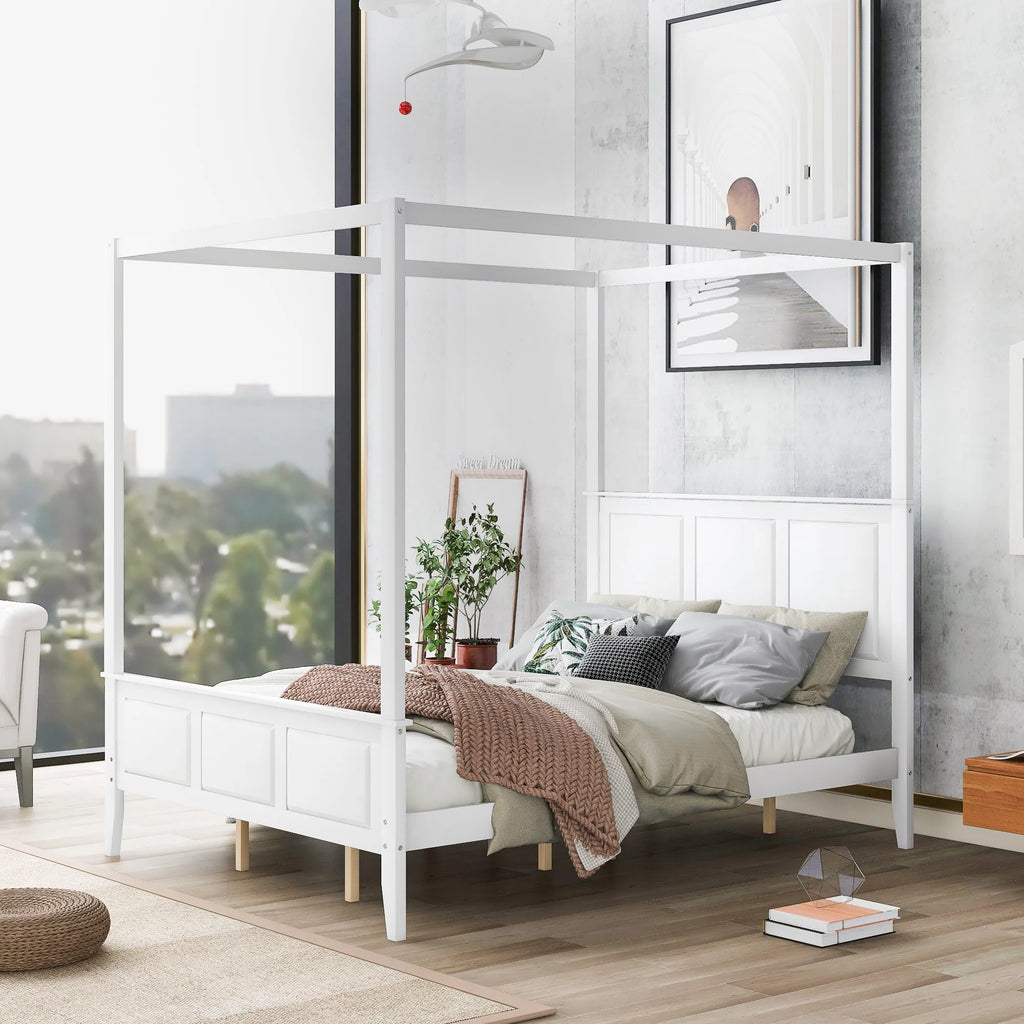 White Wood Queen Size Canopy Platform Bed B7285