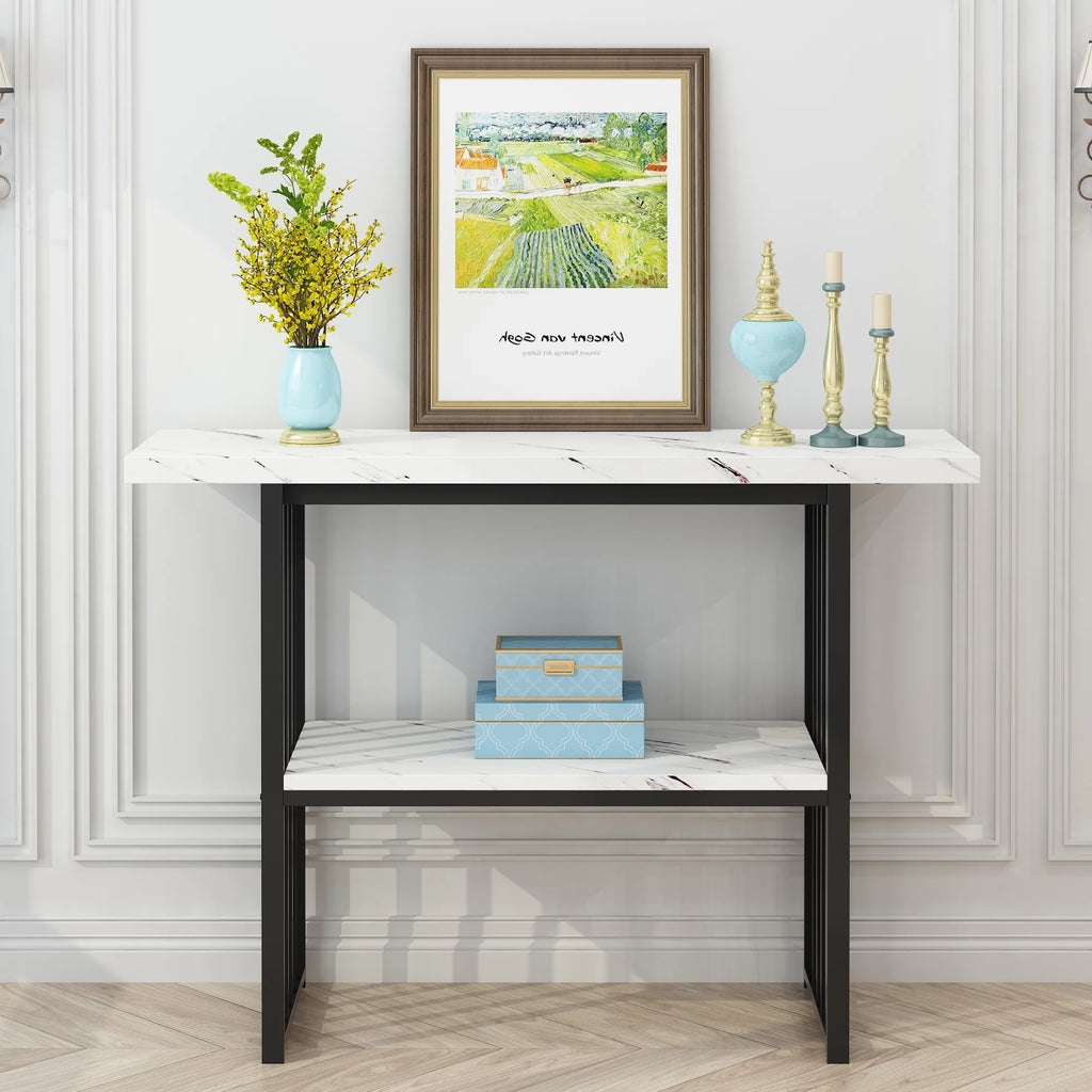 Black 42-Inch Narrow Console Table with Faux Marble Top and Metal Legs P59380
