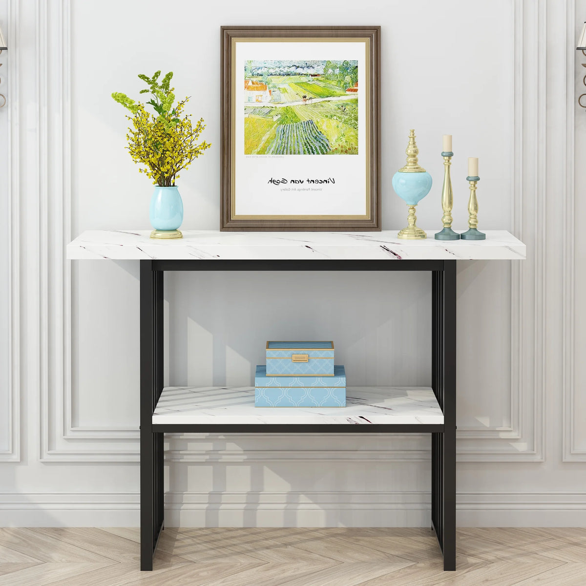 Black 42-Inch Narrow Console Table with Faux Marble Top and Metal Legs P59380