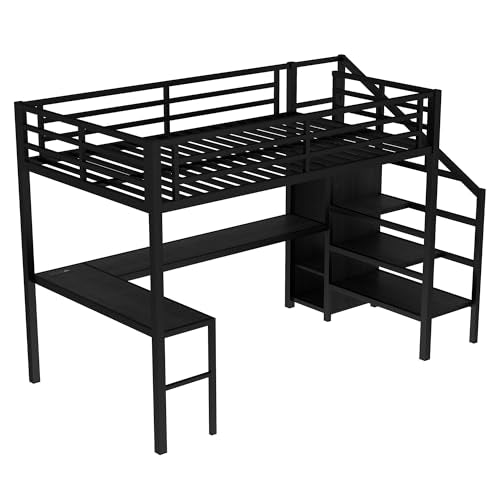 Black Full Loft Bed with L-shaped Desk, USB, Wardrobe & Stairs F20984